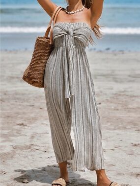 Cupshe Taupe & Cream Stripe Strapless Tie-Front Wide-Leg Jumpsuit